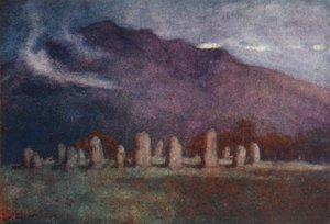 Região dos lagos: Druid Circle, perto de Keswick, ao luar (litografia a cores) de Alfred Heaton Cooper