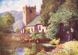 Distrito dos Lagos: Igreja de Grasmere (litografia a cores) de Alfred Heaton Cooper