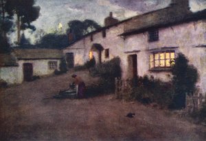 Região dos Lagos: Moonlight and Lamplight, Coniston (litografia a cores) de Alfred Heaton Cooper