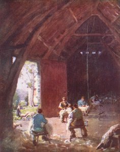 Distrito dos Lagos: Tosquia de ovelhas, Esthwaite Hall Farm (litografia a cores) de Alfred Heaton Cooper