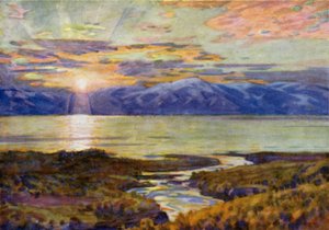 Sol da Meia-noite sobre o Lago Torne Trask, de Abisko de Alfred Heaton Cooper