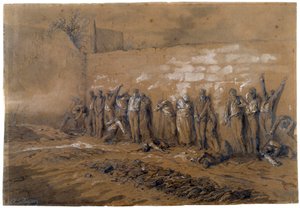 Comuna de Paris: execução de 147 combatentes da Comuna no muro dos Federes em Pere Lachaise, em Paris, em 28/05/1871. Desenho de tinta de Alfred Henri Darjou (1832-1874) Paris, Musee Carnavalet