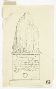 Cartão de visita com monumento drapeado, inscrição do artista de Alfred Henry Forrester