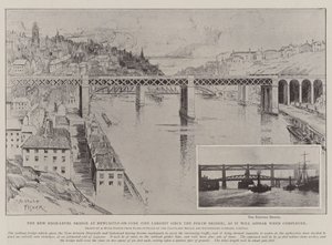 A nova ponte de alto nível em Newcastle-on-Tyne (a maior desde a ponte Forth), como aparecerá quando concluída de Alfred Hugh Fisher