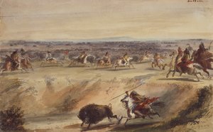 A Surround ou Hunting the Buffalo, c.1839 (lápis, caneta e tinta, aguarela e guache sobre papel) de Alfred Jacob Miller