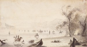 Bull Boating Across the Platte, c.1837 (desenho em papel) de Alfred Jacob Miller