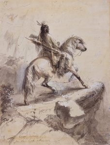 Crow Indian on Lookout, c.1837 (caneta e tinta, aguada e guache sobre papel) de Alfred Jacob Miller