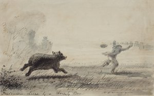 Fontenelle Perseguido por um Urso Pardo, c.1837 (caneta, tinta e aguada sobre papel) de Alfred Jacob Miller