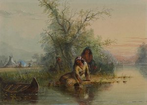 Acampamento indígena junto ao rio Eau Sucre de Alfred Jacob Miller
