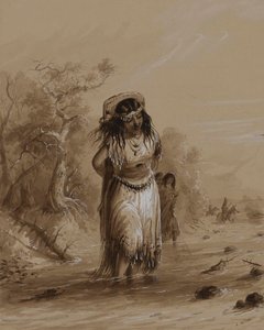 Menina índia com papoose a atravessar um ribeiro de Alfred Jacob Miller