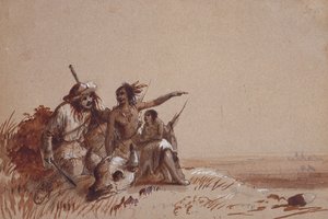 Índio do Kansas contando a um caçador, por sinais, a migração do búfalo, c.1837 (lápis e aguadas marrons e pretas no papel) de Alfred Jacob Miller