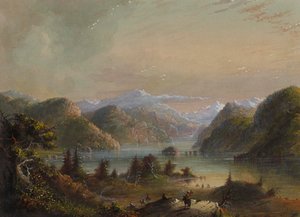 Paisagem do lago com a montanha do rio de Alfred Jacob Miller