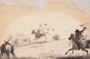 Mula jogando fora sua mochila, c.1837 (lápis, caneta e tinta, e aguada no papel) de Alfred Jacob Miller