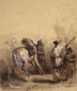 Sir W.D.S., Antoine e Auguste ou Preparing for a Buffalo Hunt, c.1837 (caneta e tinta, lavagem e guache sobre papel) de Alfred Jacob Miller