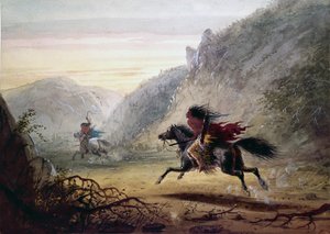 Índio da tribo Snake persegue ladrão de cavalos «Crow» de Alfred Jacob Miller