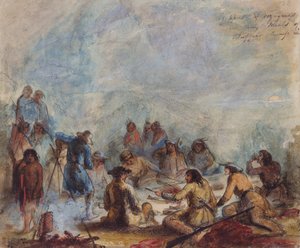 Nascer do sol, caçadores e viajantes em suas refeições de Buffalo Hump Rib, c.1837 (aquarela sobre papel) de Alfred Jacob Miller