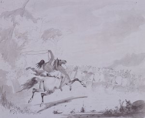 Throwing the Lasso, c.1837 (caneta e tinta com lavagem cinza em cartão cinza) de Alfred Jacob Miller