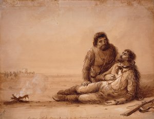 Caçadores sem munição e em estado de fome perto de Independence Rock, c.1850 (lavagem sépia no papel) de Alfred Jacob Miller