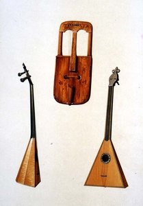 Um Crwth galês e um balalaika russo, de "Instrumentos Musicais" (litho colorido) de Alfred James Hipkins