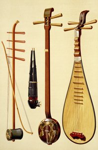 Um huqin e arco, um sheng, um sanxian e um pipa, instrumentos chineses de &39;instrumentos musicais&39; (lito colorido)