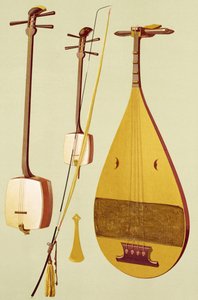Um shamisen, um kokyu e um biwa, japonês, de &39;Instrumentos Musicais&39; (litografia colorida)