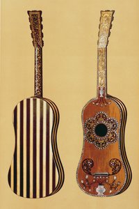 Guitarra incrustada com madrepérola, de &39;Instrumentos Musicais&39; (litografia colorida) de Alfred James Hipkins