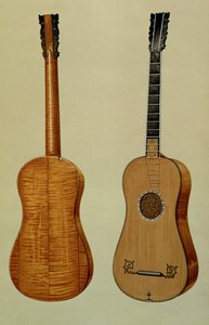 Guitarra feita por Antonio Stradivarius (c.1644-1737), de &39;Instrumentos Musicais&39; (litografia colorida) de Alfred James Hipkins