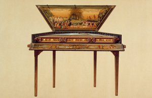 Dulcimer martelado em um soundbox pintado, século XVIII, de &39;instrumentos musicais&39; (litografia colorida)