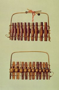 Marimba, vistas de frente e verso, sul-africano, de &39;Instrumentos musicais&39; (litografia colorida) de Alfred James Hipkins