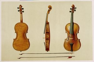 O violino de Hellier feito por Antonio Stradivarius (c.1644-1737) em 1679, de &39;Instrumentos Musicais&39; (litografia colorida)