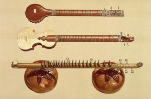 Dois sitars e um rudra vina, indiano, de &39;Instrumentos musicais&39; (litografia colorida)