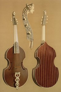 Viola da Gamba, ou violão baixo, de Joachim Tielke (1641-1719) Hamburgo, 1701, de &39;Instrumentos Musicais&39; (litografia colorida)