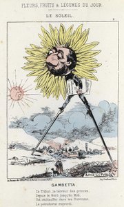 Le Soleil (girassol): caricatura em Gambetta (1838 - 1882) - doente de 12/01/1871 em "Flores, Frutas e Legumes do Dia". de Alfred Le Petit