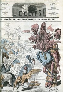 O julgamento internacional pelo Conselho Geral de Londres após a prisão de membros da Associação Internacional dos Trabalhadores. Capa em "L