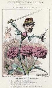 The Rosier des Battailles: cartoon sobre o General Faidherbes - doente de 20/01/1871 em "Flores, Frutas e Legumes do Dia". de Alfred Le Petit