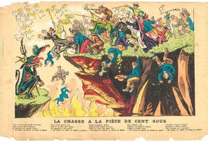 Folha voadora, Satirical in Colors, cerca de 1878: Caça a uma centena de sub peças - Prata - Diabo, Curas Ilustração de Alfred Le Pete (1841-1909)