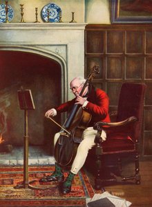 Uma Passagem Difícil - homem a praticar o violoncelo em frente ao fogo (cor litho) de Alfred Lyndon Grace