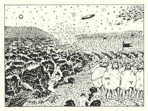 Uma História Verdadeira, de Lucian: Batalha no Ar na Planície da Teia de Aranha (gravura)