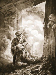 O Sargento-agente Raynes colocando seu capacete de fumaça no Sargento Ayres após a explosão de uma casca de gás (litho) de Alfred Pearse