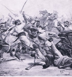 Nicholsons derrota dos rebeldes em Najafgarh, 2 de agosto de 1857, ilustração das Batalhas Britânicas na Terra e no Mar, 1915 de Alfred Pearse
