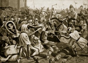 Robert feito prisioneiro em Tinchebral, 1106, ilustração da "Hutchinson&39;s Story ofthe British Nation", c.1920 de Alfred Pearse