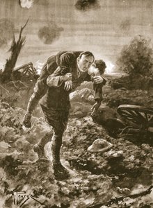 Tenente temporário G. St. GS Cather trazendo um homem ferido em plena vista do inimigo e sob fogo de metralhadora e artilharia de Alfred Pearse