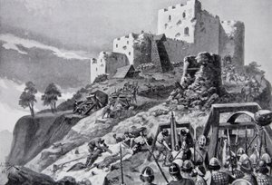 O ataque galês ao Castelo de Montgomery em 1095 liderado por Cadwgan ap Bleddyn, Príncipe de Powys, ilustração de 