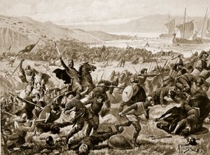 A grande batalha de Brunanburh, 937, ilustração da "Hutchinson&39;s Story ofthe British Nation", c.1923