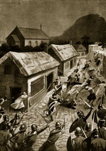 A invasão de Berwick pelos escoceses, em novembro de 1354, ilustração da "Hutchinson&39;s Story ofthe British Nation", c.1920 de Alfred Pearse