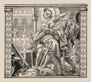 Die Nibelungen. Como o corpo de Rudigers é apresentado a Krimhild, 1840-1841. de Alfred Rethel