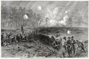 Exército do Potomac - A Luta pelo Saliente, perto de Spottsylvania, Virgínia. 12 de maio de 1864, da Harpers Weekly, pub. 1864 de Alfred Rudolph Waud