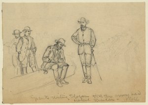 Grant escrevendo telegrama de que o Exército havia cruzado Rapidan de Alfred Rudolph Waud