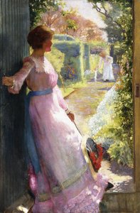 A esposa do artista dando as boas-vindas a sua irmã, Hebe, ao chá de Alfred Sangster