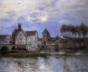 Moret na Sunset Bridge; Pont de Moret em Couchant Soleil, 1892 de Alfred Sisley